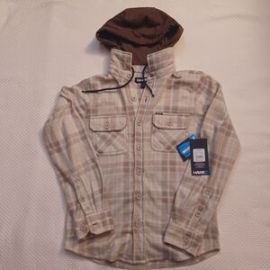 Nwt Tony Hawk Beige Plaid Shirt Jacket with Brown Hood Size Small